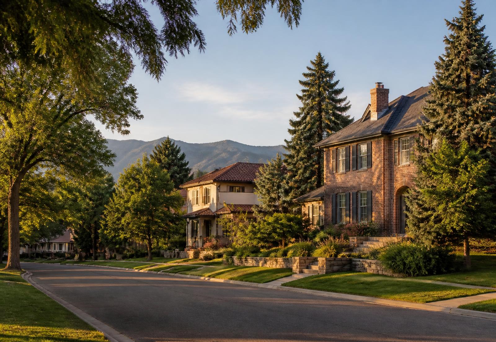 An established South Denver residential street with mature trees and the foothills beyond